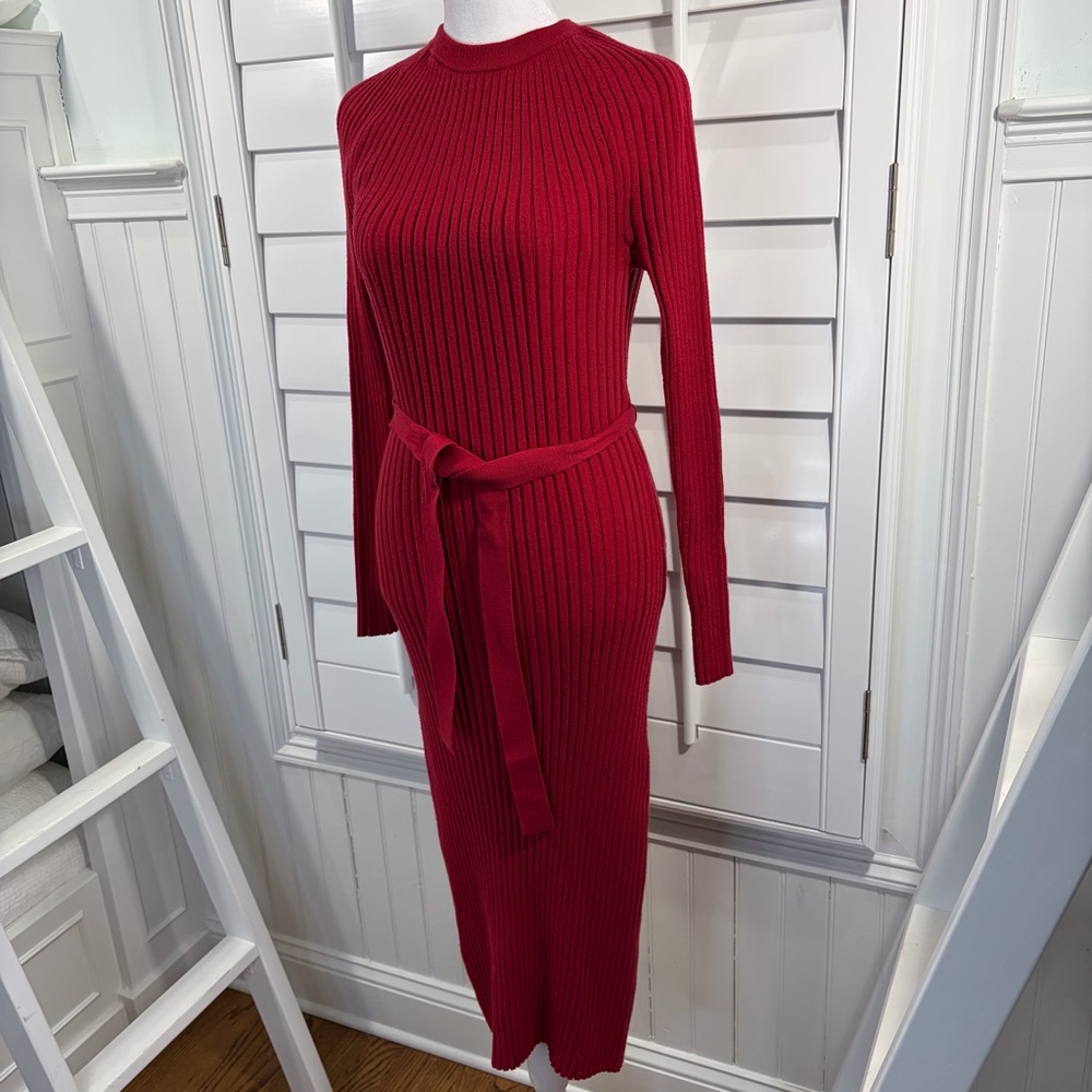 ANN TAYLOR Ribbed Belted Column Sweater Dress in Gingham - Picture 4 of 9